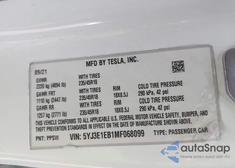 2021 Tesla Model 3 from USA, damaged, VIN 5YJ3E1EB1MF068099